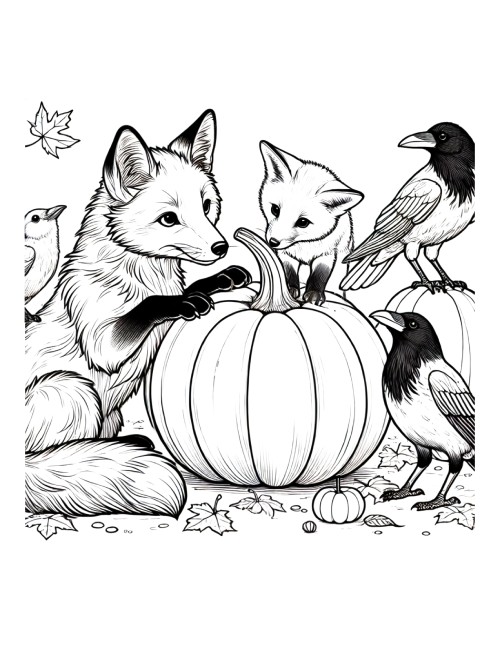 fox, crow, and pumpkin coloring sheet